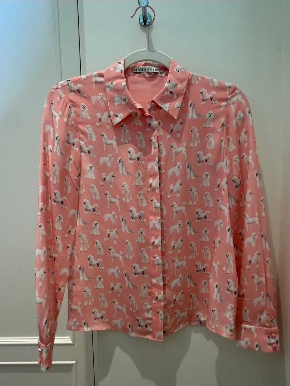 Alice + Olivia Coral Pink Poodle-Print Button Front Blouse